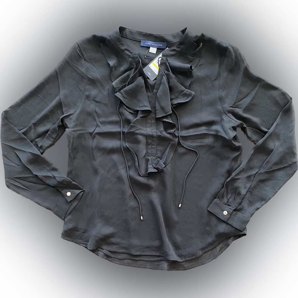 NWT Tommy Hilfiger Long Sleeve Ruffled Blouse/ Color: Black / Size: M